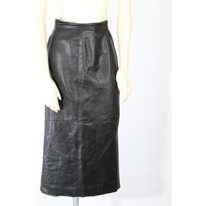 Vintage 1990s Melanzona Black Leather Pencil Midi Skirt Women Size 6 Made in USA